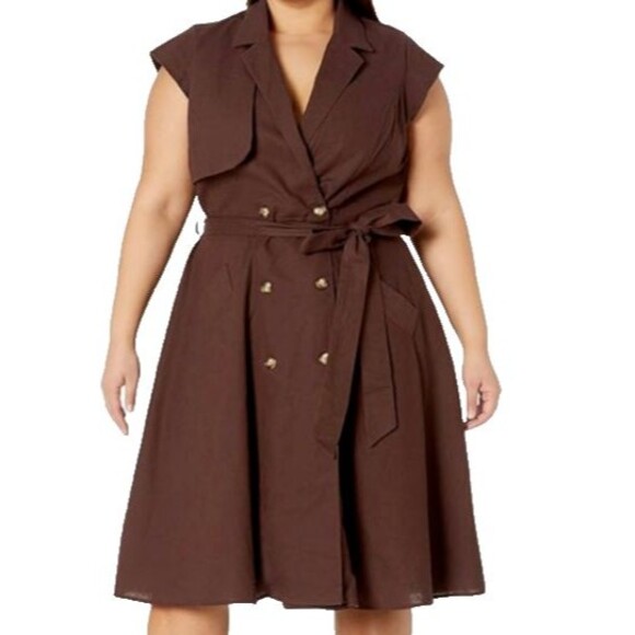 City Chic Women's Brown Linen Blend Button Front Belted Dress Plus Size 18 - Picture 2 of 12